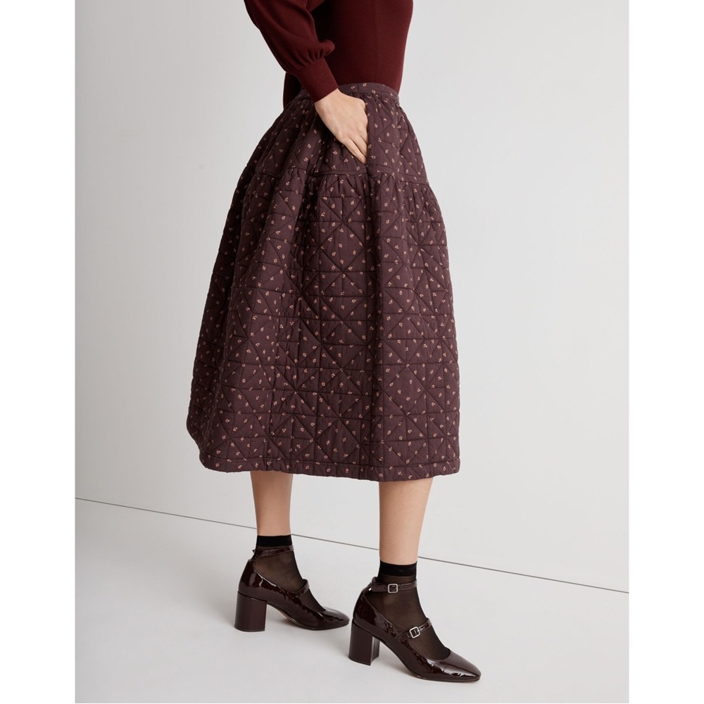 Madewell Quilted Crinkle Floral Midi Skirt - Brown Chocolate Raisin - Picture 2 of 8